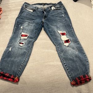Judy Blue Jeans - buffalo plaid patches at knee.